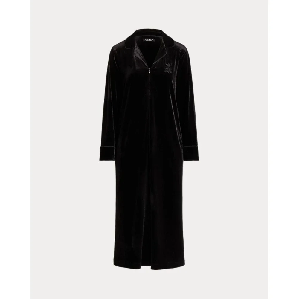 Lauren Ralph Lauren Black Velvet Zip Front Robe Caftan Long Sleeve Crest Logo L